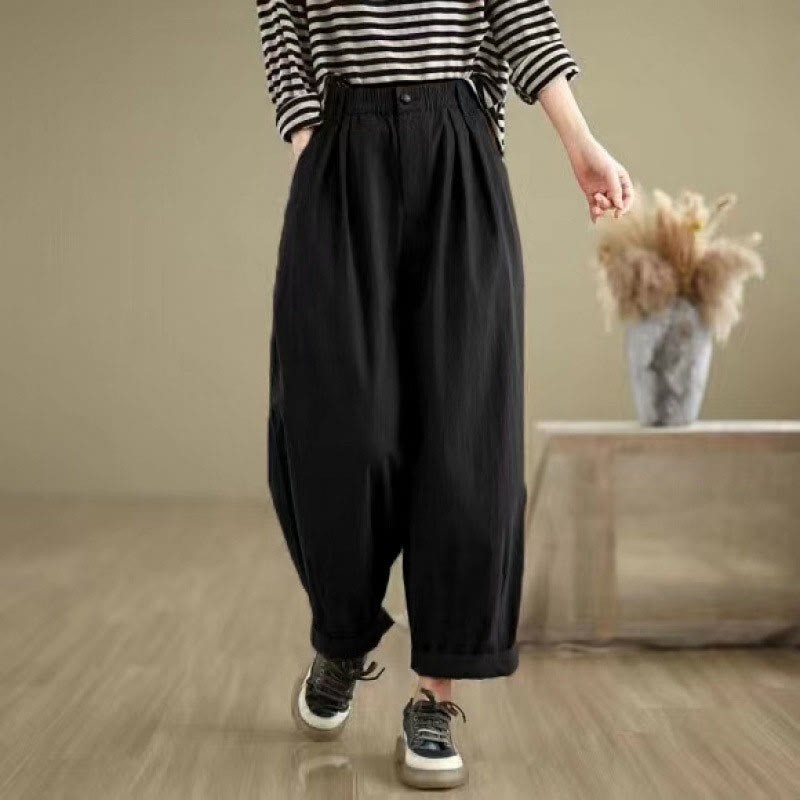 Casual Solid Color One Top Button Elastic Waistband Cotton Linen Women's Pants With Pockets