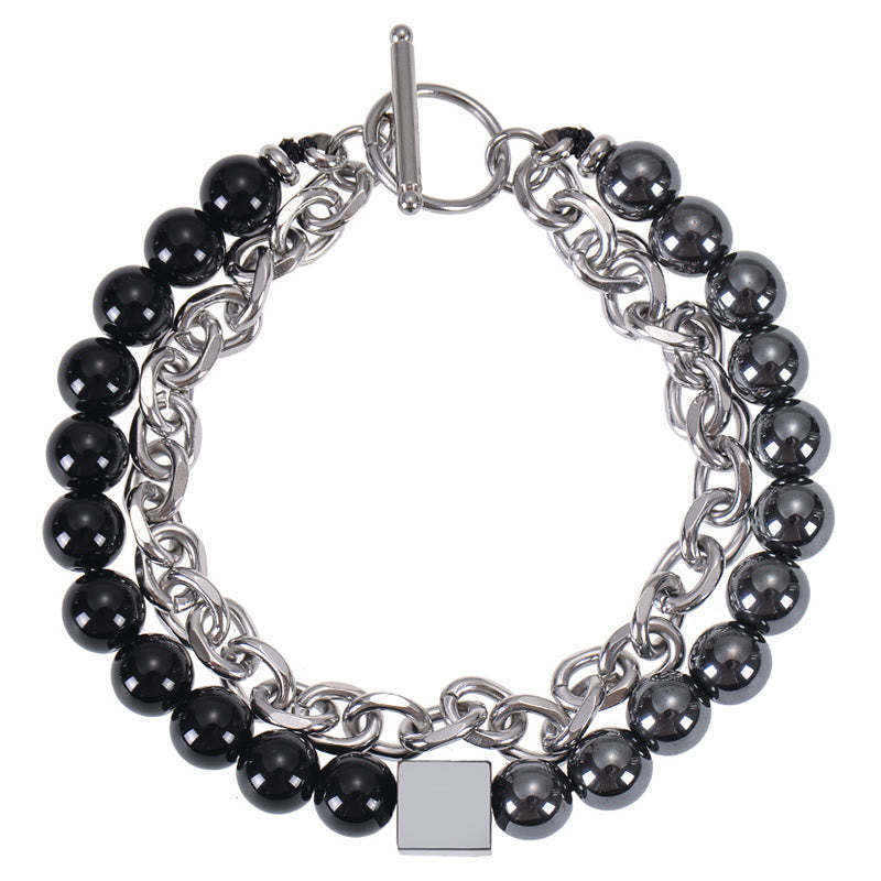 Colorful Tiger Eye Frosted Stone Black Magnetite Titanium Steel Double Wrap Protection Bracelet