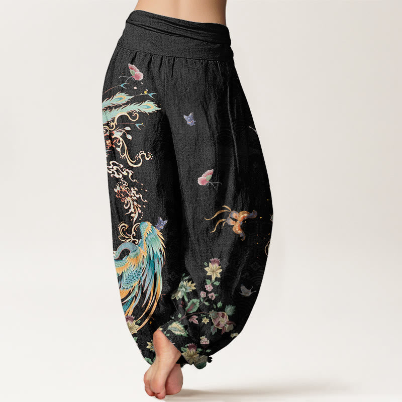 Casual Colorful Phoenix Butterfly Floral Pattern Women's Elastic Waist Harem Pants