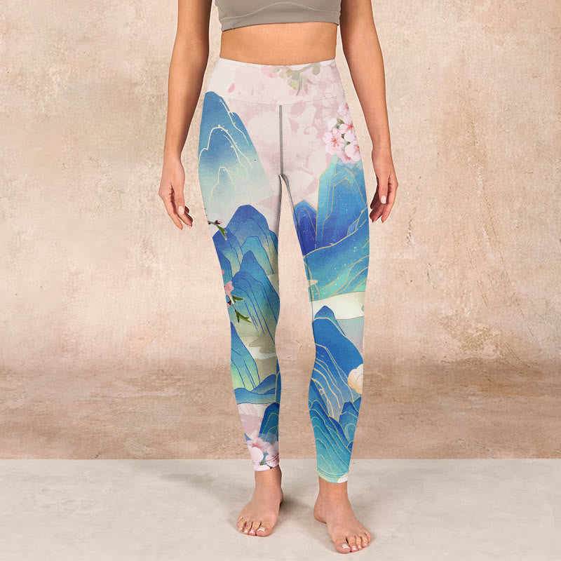 Plum Blossoms Mountains Print Gym Leggings Women's Yoga Pants