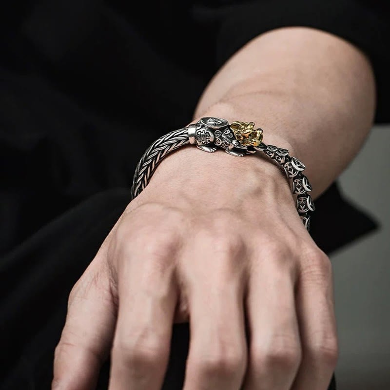 925 Sterling Silver PiXiu Copper Coins Ingot Wealth Bracelet Bangle