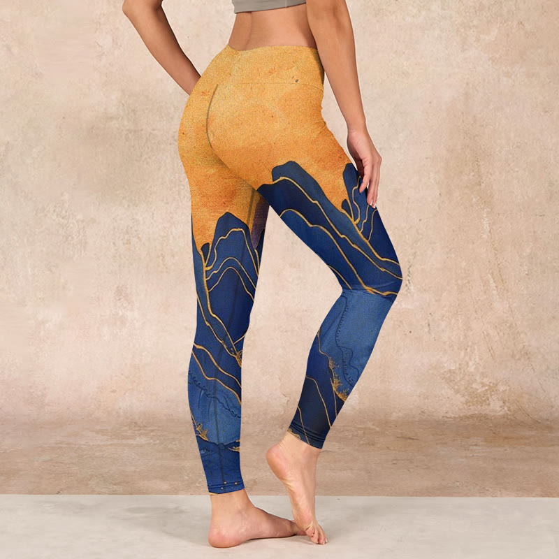 Dark Blue Mountain Sunset Print Fitness Leggings Women's Yoga Pants