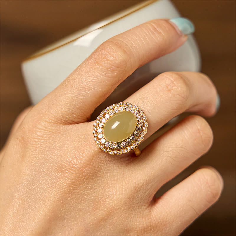 Natural Hetian Jade Egg Hollow Double Circle Zirconia Copper Open Abundance Ring