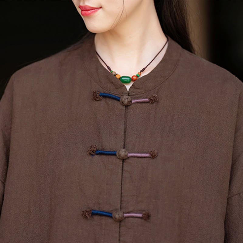 Solid Color Two-color Frog-button Long Sleeve Ramie Linen Women's Shirt