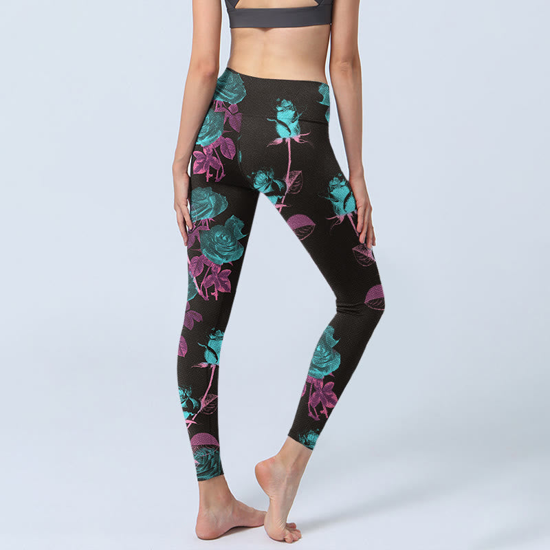 Black Rose Leaves Pattern Print Gym Leggings Women's Yoga Pants