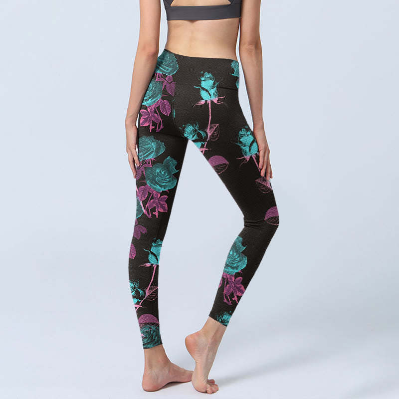 Black Rose Leaves Pattern Print Gym Leggings Women's Yoga Pants