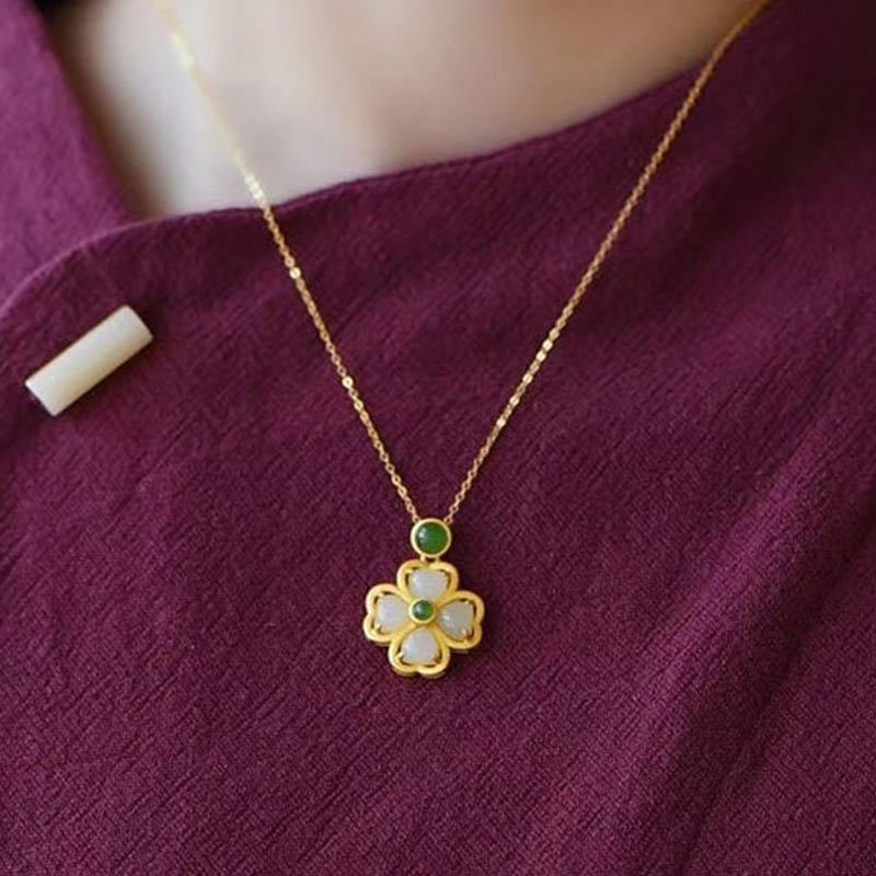 925 Sterling Silver Lucky Four Leaf Clover Jade Prosperity Necklace Chain Pendant