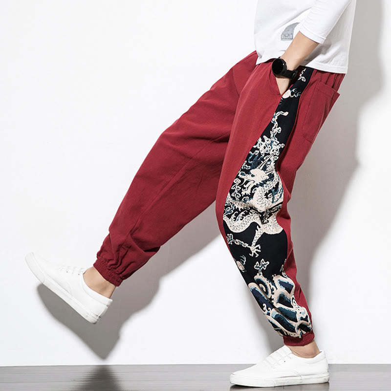 Summer Dragon Waves Cotton Men's Pants With Pockets