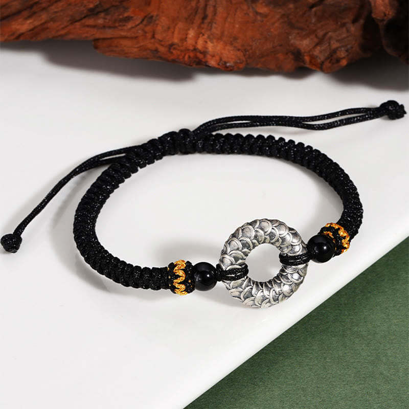 Handmade Black Onyx 999 Sterling Silver Peace Buckle Dragon Black String Luck Braided Bracelet