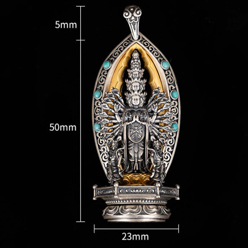 925 Sterling Silver Thousand-armed Guanyin Kwan Yin Avalokite?vara Wealth Necklace Pendant