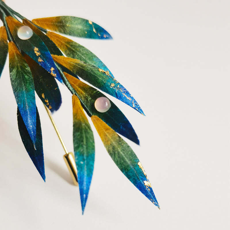 Handmade Velvet Flower Mulberry Silk Green Yellow Blue Leaves Brooch