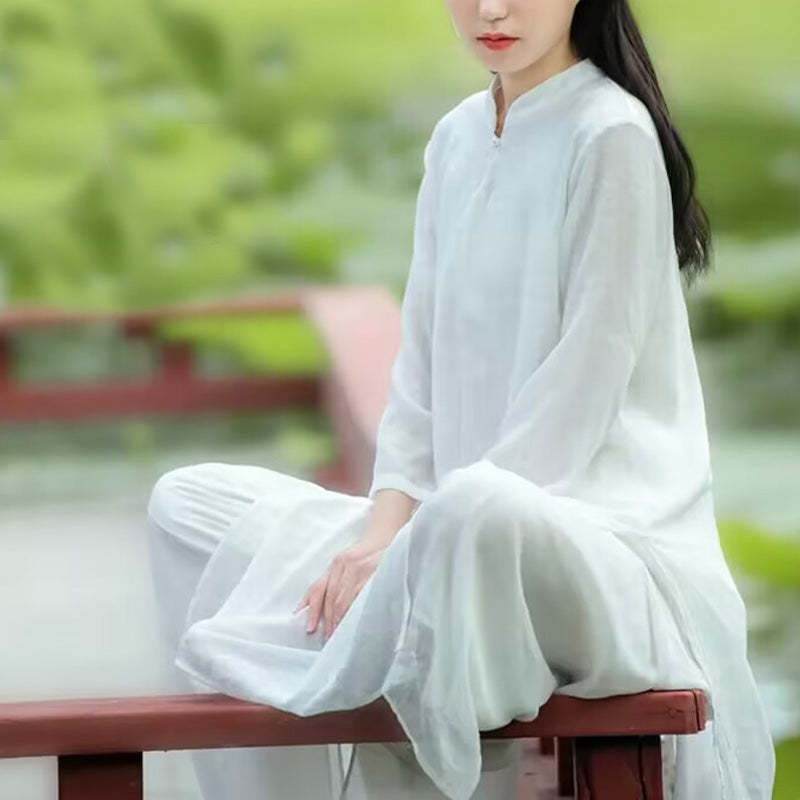 2Pcs White Tai Chi Meditation Yoga Zen Cotton Linen Clothing Top Pants Women's Set