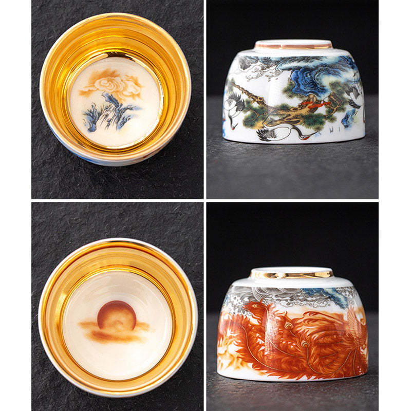 Dragon Phoenix Crane Sun Ocean Waves Gilt Ceramic Teacup Kung Fu Tea Cup 170ml