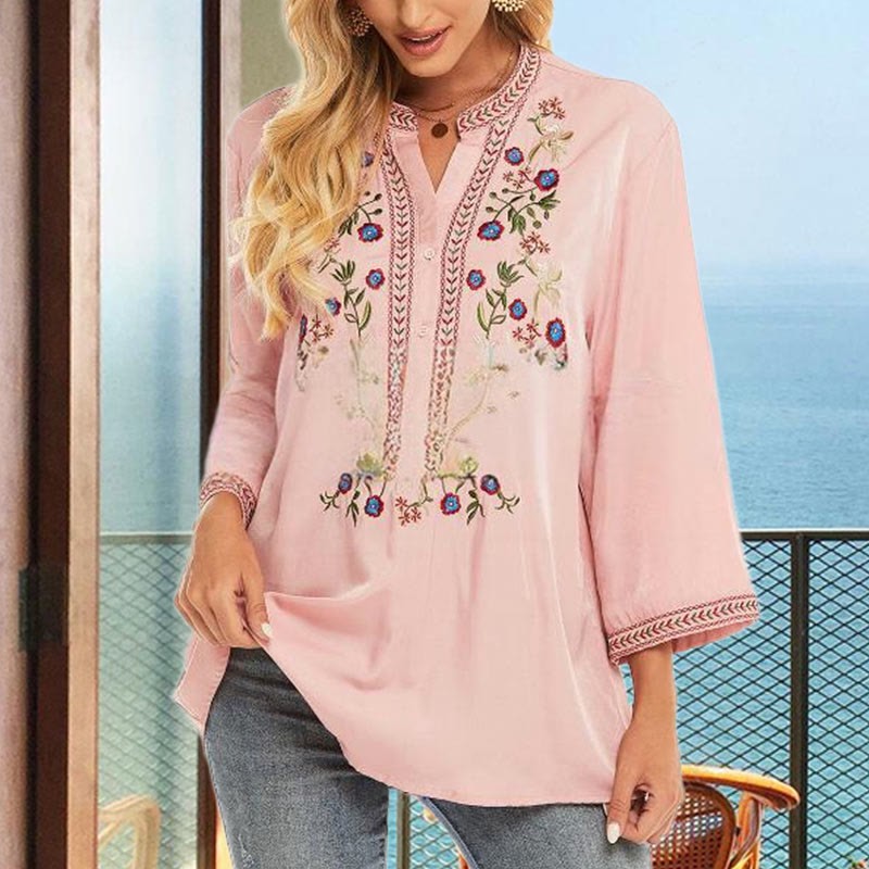 Pure Color Embroidery Flower Design Long Sleeve V-Neck Cotton Women's T-Shirt