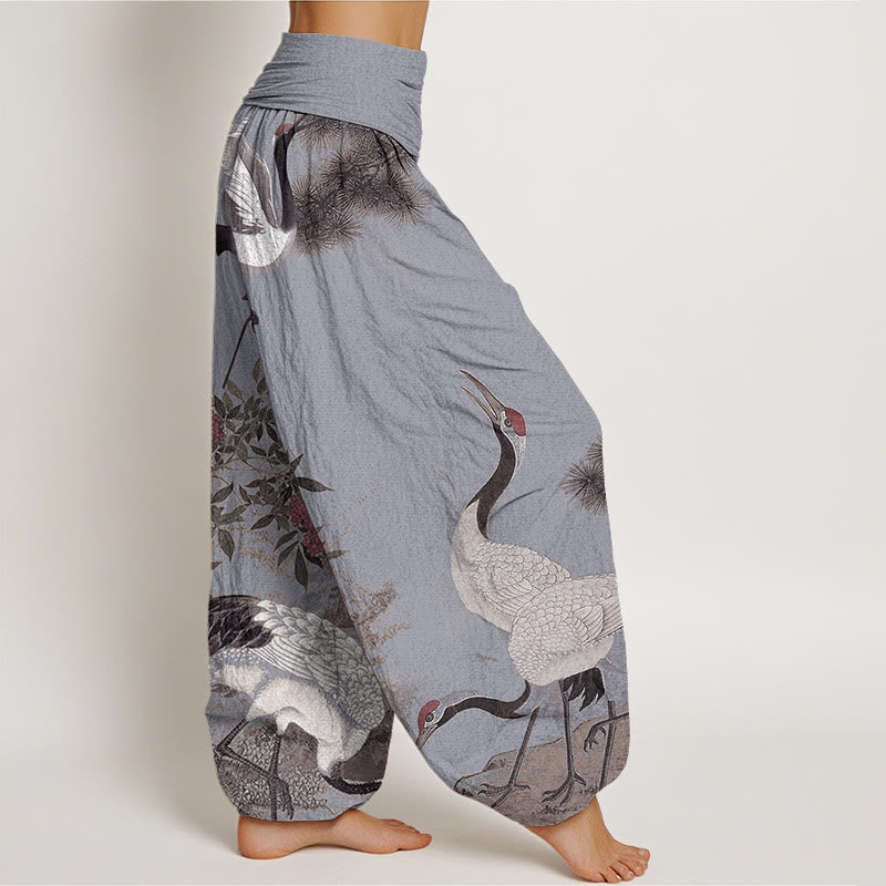 Casual Red-crowned Crane Pine Tree Mountain Women's Elastic Waist Harem Pants