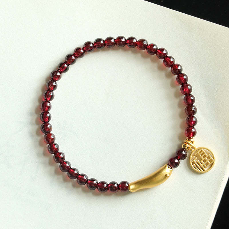 Garnet 925 Sterling Silver Fish Fu Character Purification Bracelet