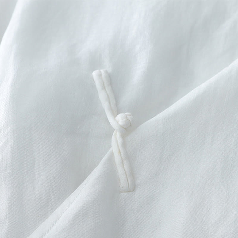 Solid Color Frog-Button Three Quarter Sleeve Double Layer Cotton Linen Shirt