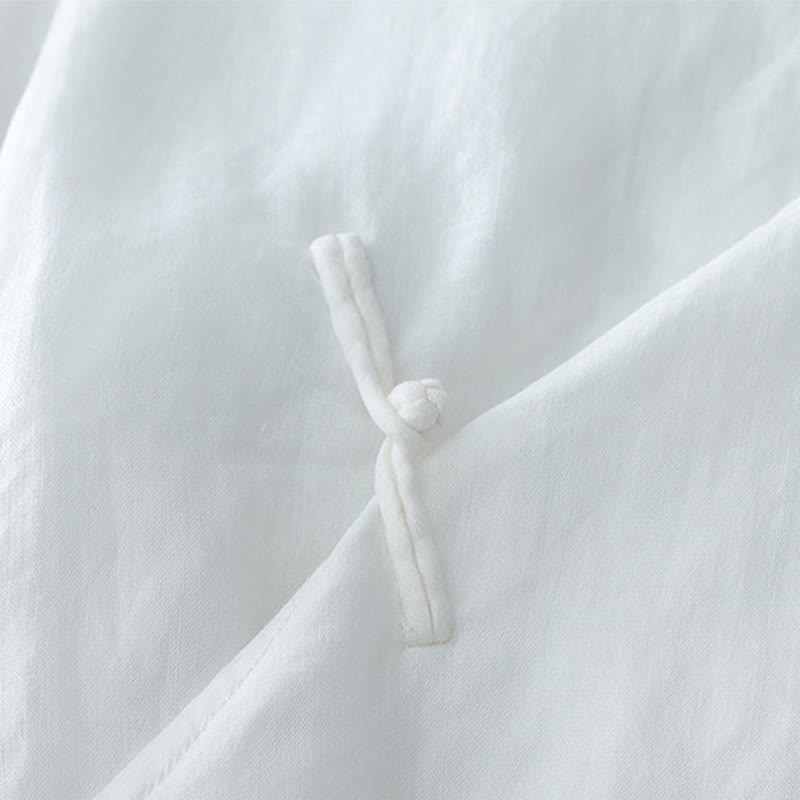 Solid Color Frog-Button Three Quarter Sleeve Double Layer Cotton Linen Shirt