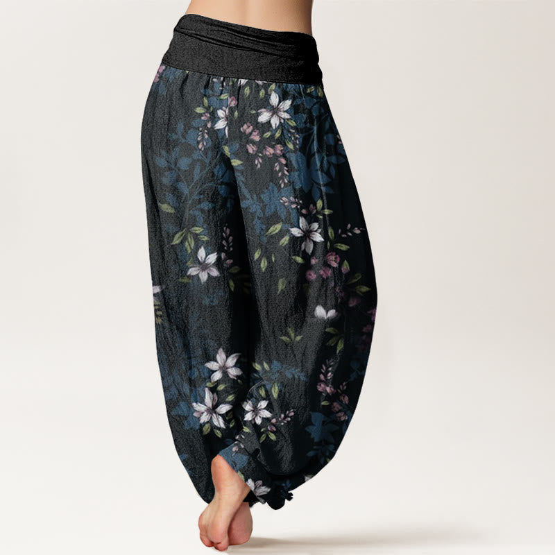 Small White Blossoms Green Leaves Women's Elastic Waist Harem Pants