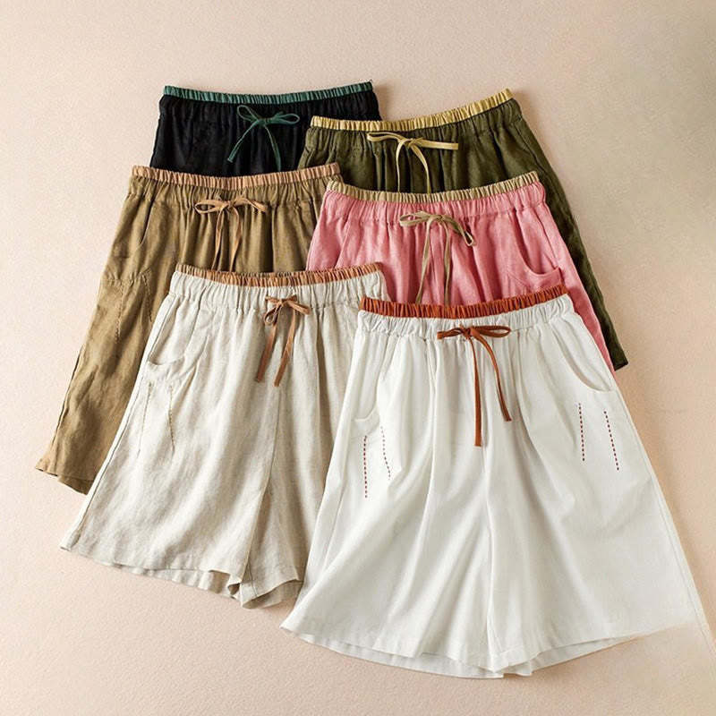 Wild Simple Design Embroidery Drawstring Cotton Linen Women's Shorts With Pockets