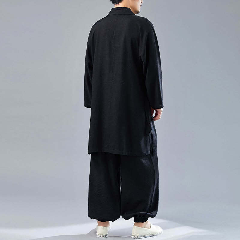 2Pcs V-Neck Men's Long Sleeve Shirt Top Pants Meditation Zen Tai Chi Cotton Linen Clothing Set