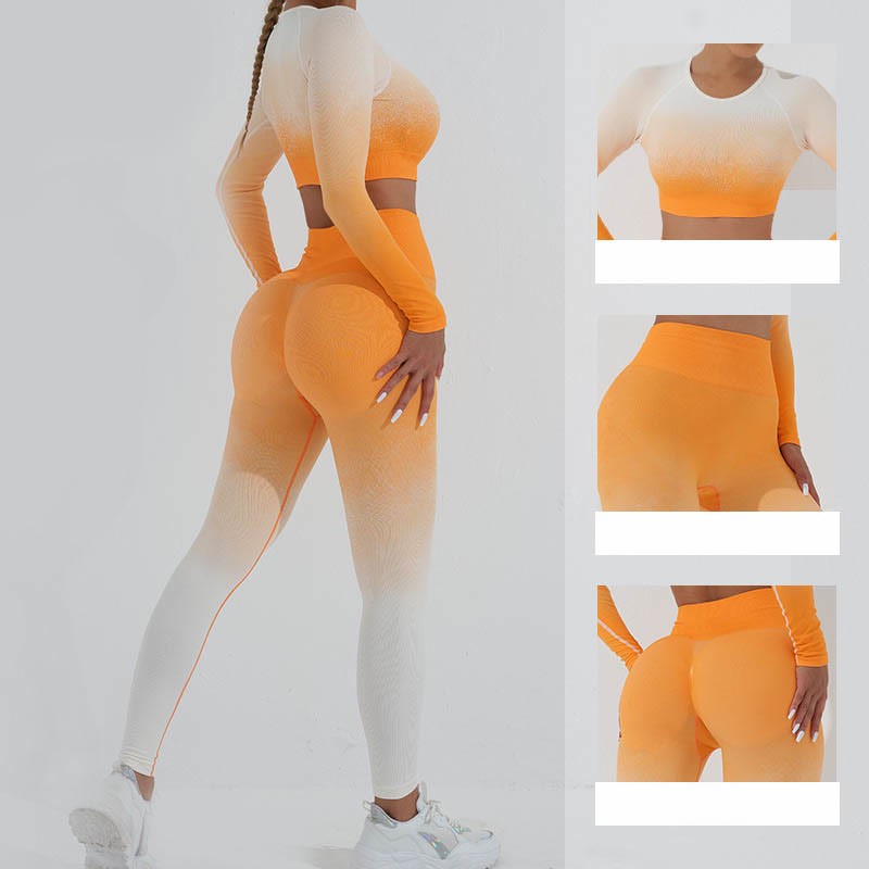 Gradient Long Sleeve Crop Top Tee Bra Leggings Pants Fitness Yoga Outfit