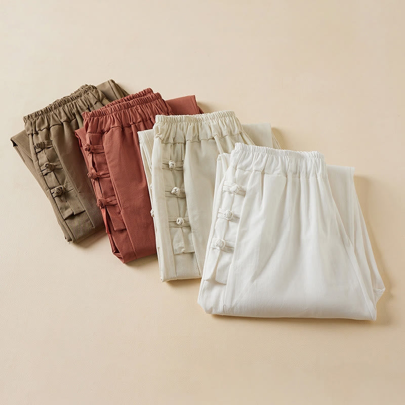 Casual Plain Frog-Button 7-8 Length Cropped Pants Women's Cotton Linen Harem Pants With Pockets