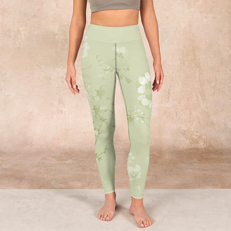 White Plum Blossoms Print Gym Leggings Women's Yoga Pants