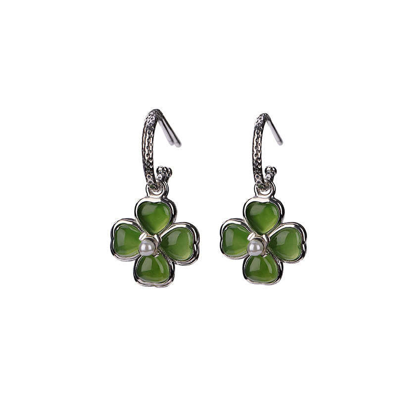 925 Sterling Silver Natural Cyan Jade Four Leaf Clover Luck Success Earrings