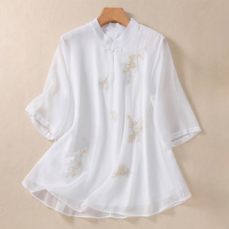 Embroidery Plants Flower Half Sleeve Plain Frog-Button Stand Collar Women's Shirt