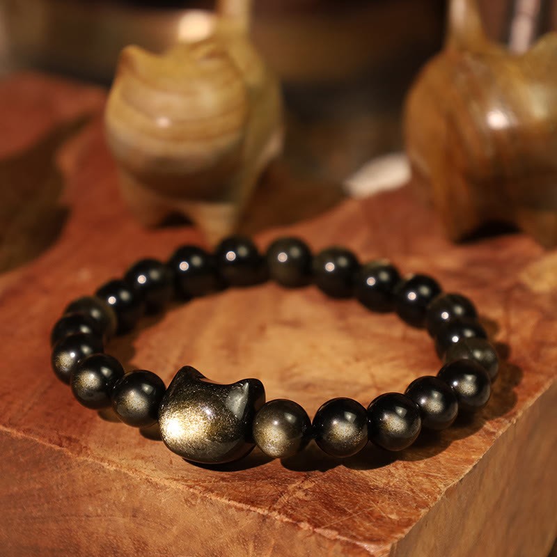 Gold Sheen Obsidian Silver Sheen Obsidian Lovely Paw Lucky Cat Protection Bracelet