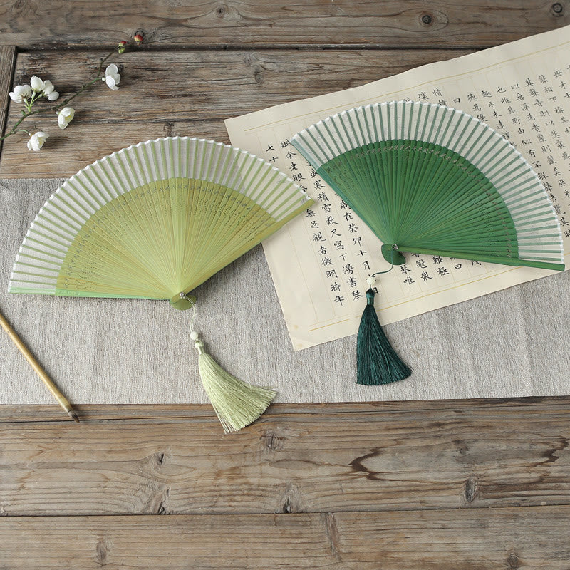 Solid Color Dragonfly Tassel Handheld Mulberry Silk Bamboo Folding Fan