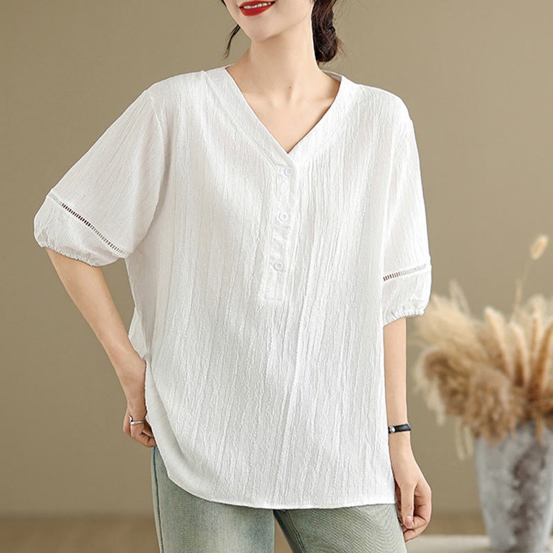 Summer Casual Pure Half Puff Sleeve Half Button V-neck Women's T-Shirt
