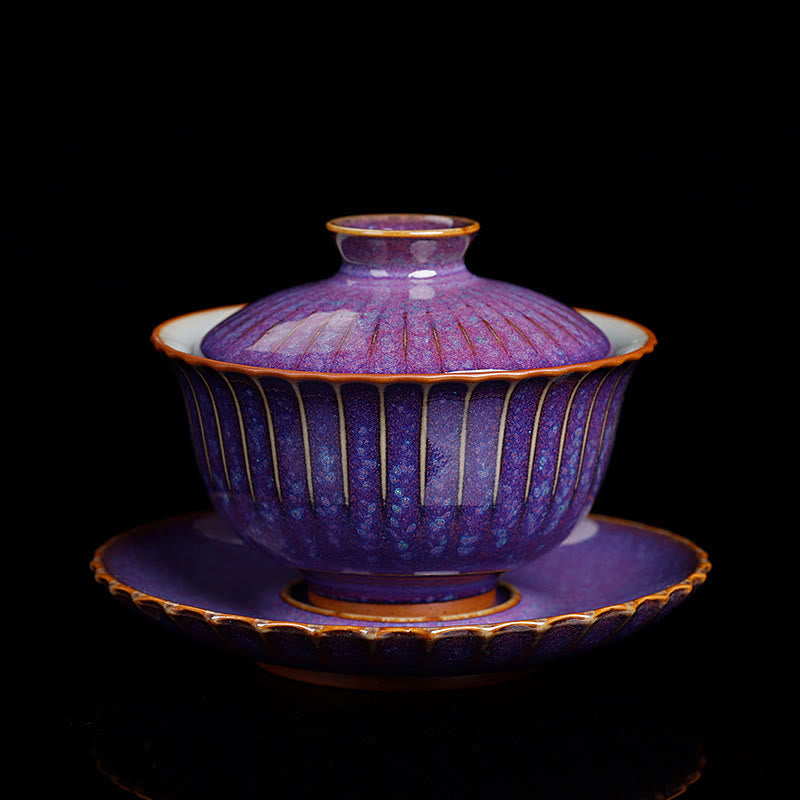 Retro Glaze Kiln Change Ceramic Gaiwan Sancai Teacup Kung Fu Tea Cup And Saucer With Lid