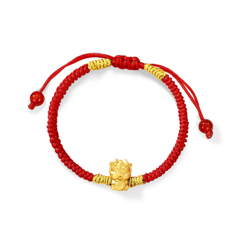 999 Sterling Silver Year of the Dragon Copper Coin Fortune Dragon Fu Character Luck Handcrafted Red String Braided Bracelet