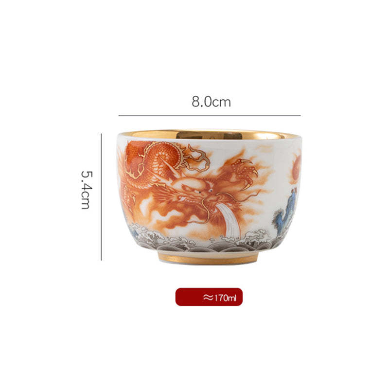 Dragon Phoenix Crane Sun Ocean Waves Gilt Ceramic Teacup Kung Fu Tea Cup 170ml