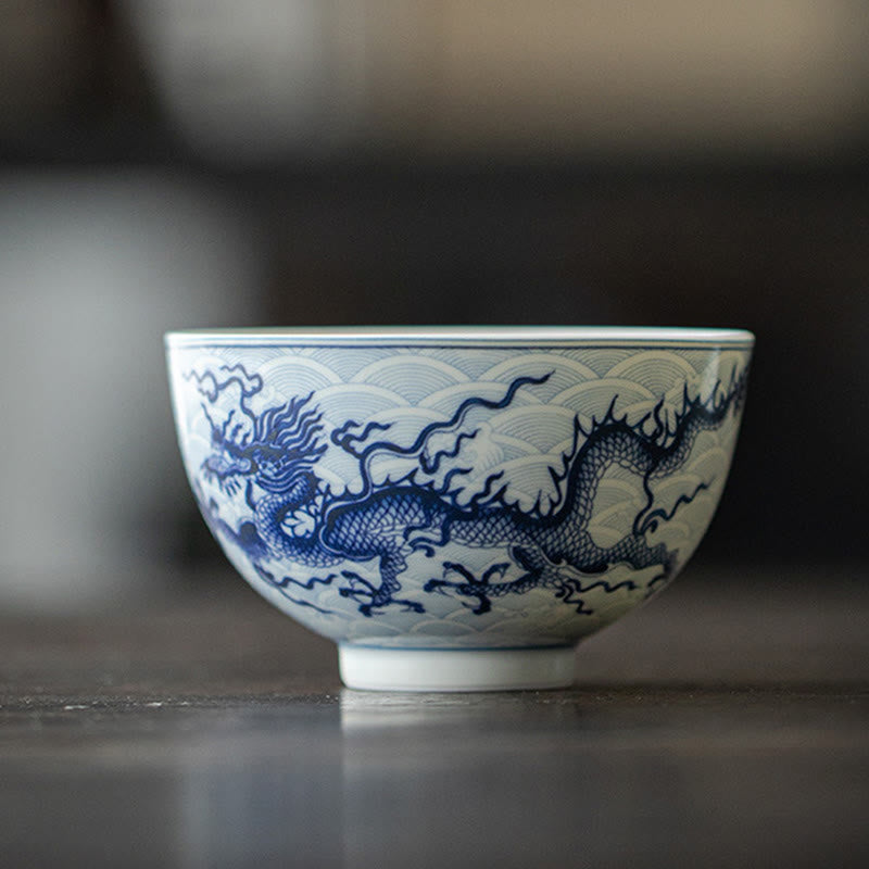 Blue Dragon Design Ceramic Teacup Kung Fu Tea Cups