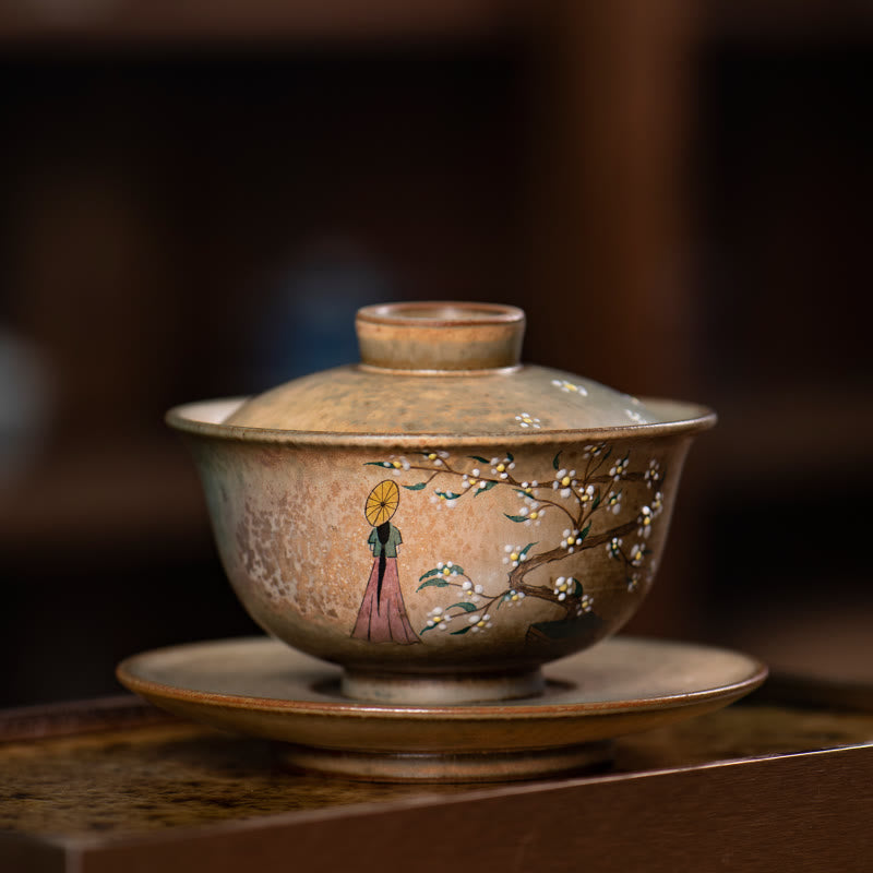 Jingdezhen Hand Painted Ru Kiln Porcelain Hanfu Girl Flower Ceramic Gaiwan Sancai Teacup Kung Fu Tea Cup And Saucer With Lid