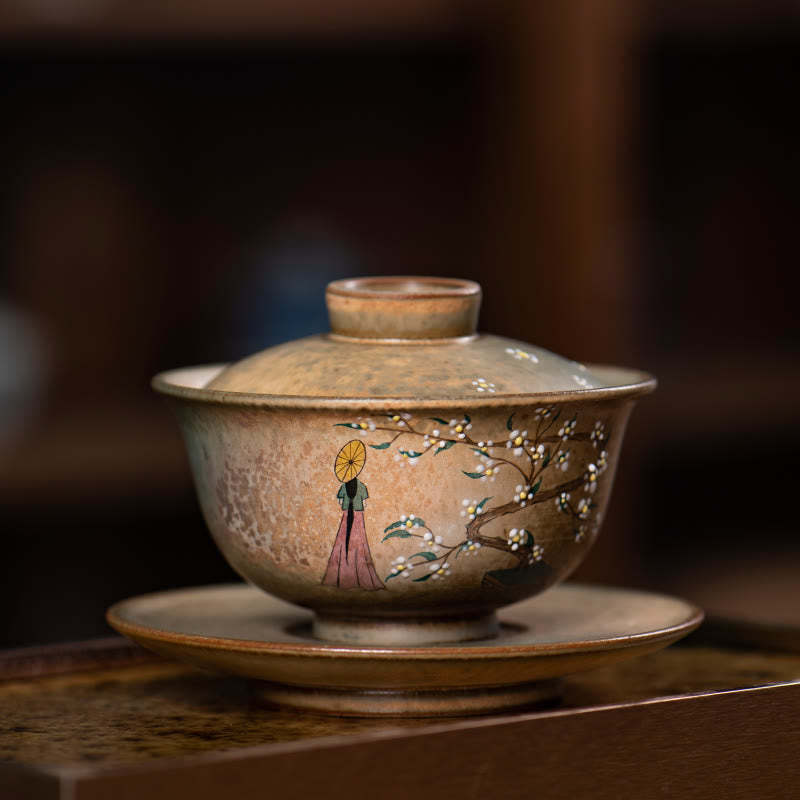 Jingdezhen Hand Painted Ru Kiln Porcelain Hanfu Girl Flower Ceramic Gaiwan Sancai Teacup Kung Fu Tea Cup And Saucer With Lid