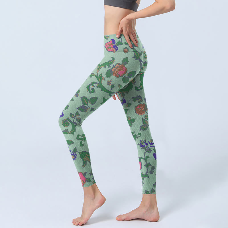 Green Red Roses Green Leaves Print Gym Leggings Women's Yoga Pants