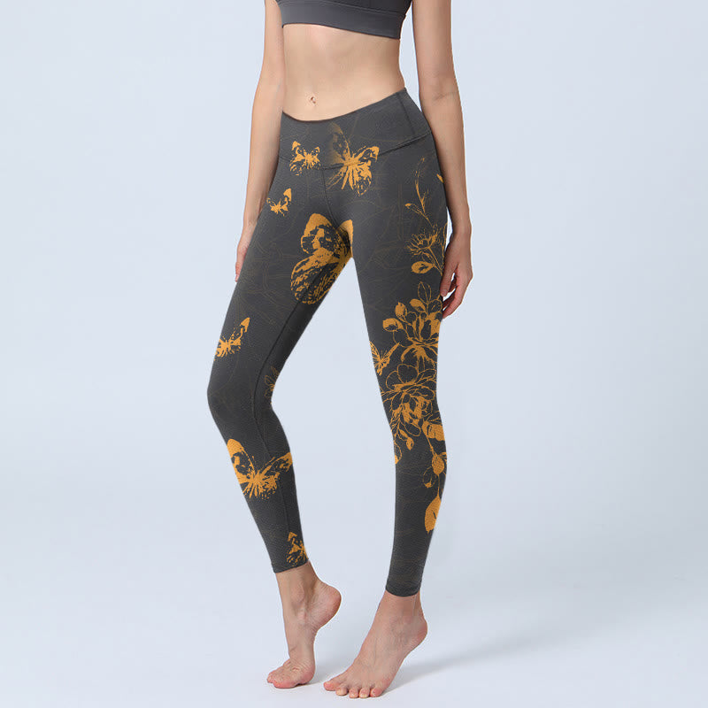 Dark Grey Butterflies Peony Flowers Print Gym Leggings Women's Yoga Pants
