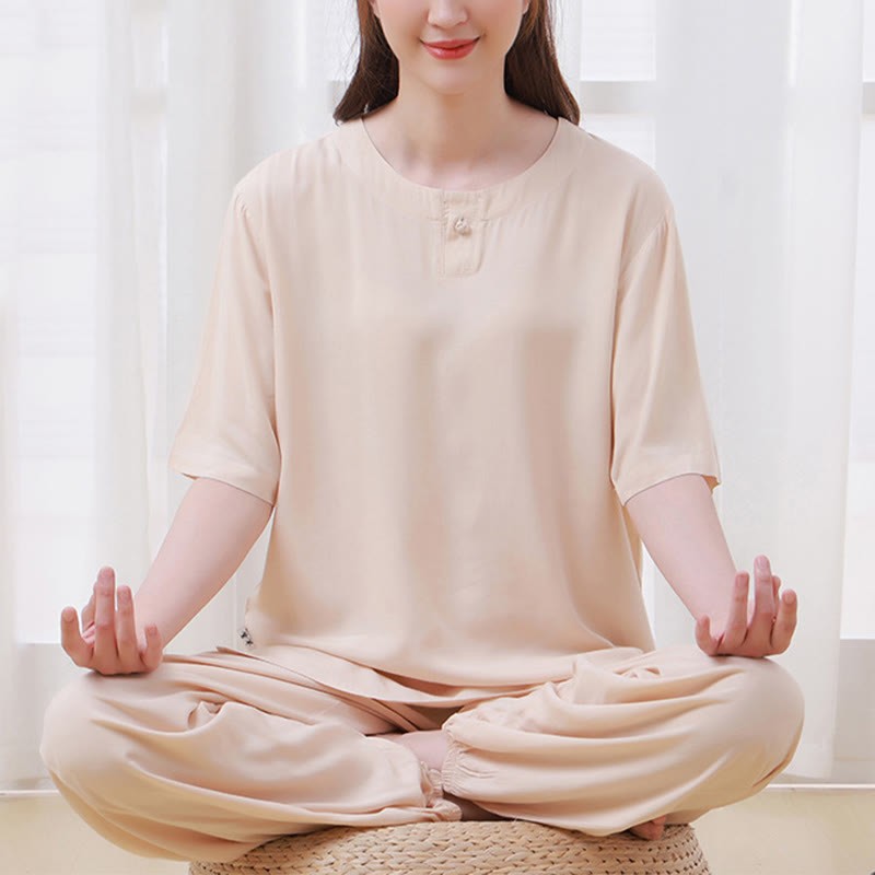 2Pcs Half Sleeve T-Shirt Pants Meditation Zen Tai Chi Cotton Linen Clothing Unisex Set