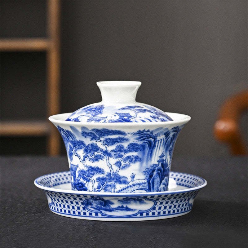 Jingdezhen Dragon Phoenix Pavilion Pine Flower Ceramic Gaiwan Sancai Teacup Kung Fu Tea Cup And Saucer With Lid 170ml