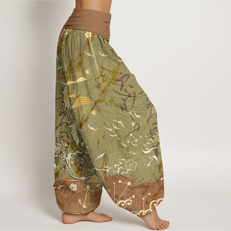 Casual Phoenix Waves Calligraphy Pattern Women's Elastic Waist Harem Pants