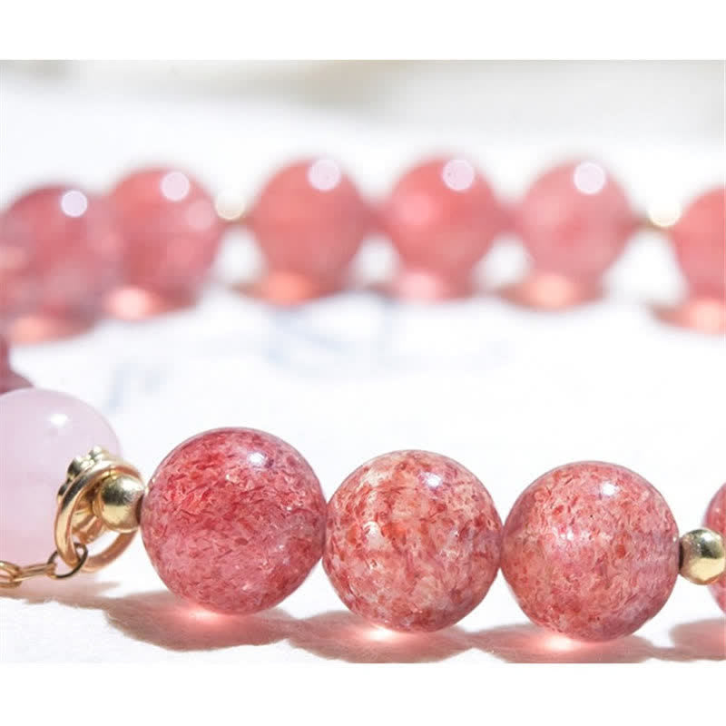 Natural Strawberry Quartz Pink Crystal Lucky Cat Paw Love Bracelet
