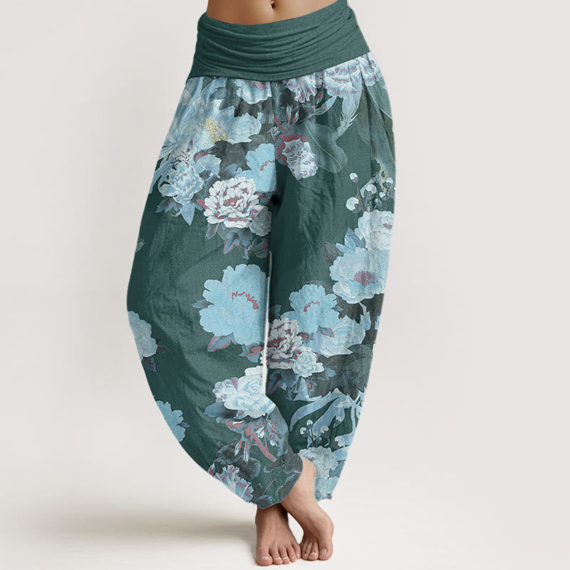 Casual Peony Lotus Leaves Pattern Women's Elastic Waist Harem Pants