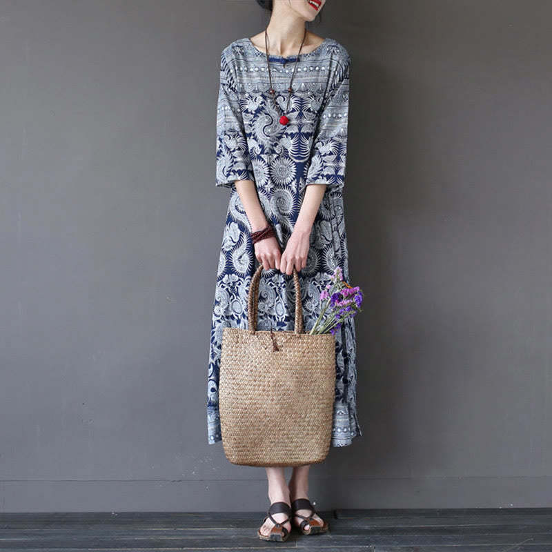 Blue White Flower Printed Button Midi Dress Three Quarter Sleeve Cotton Linen Dress With Pockets