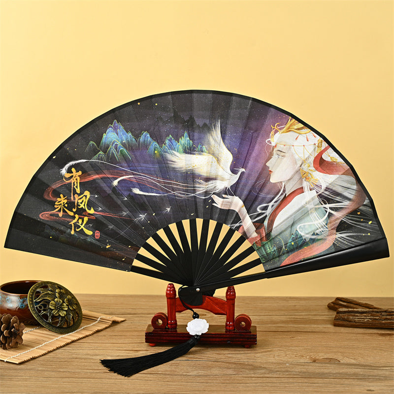 Dragon Phoenix Tiger Crane Eagle Wolf Koi Fish Handheld Folding Fan Lotus Tassel Fan