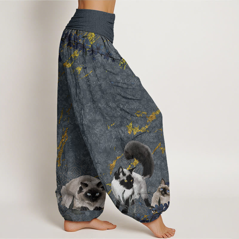 Siamese Cats Flower Coin Pattern Women's Elastic Waist Harem Pants