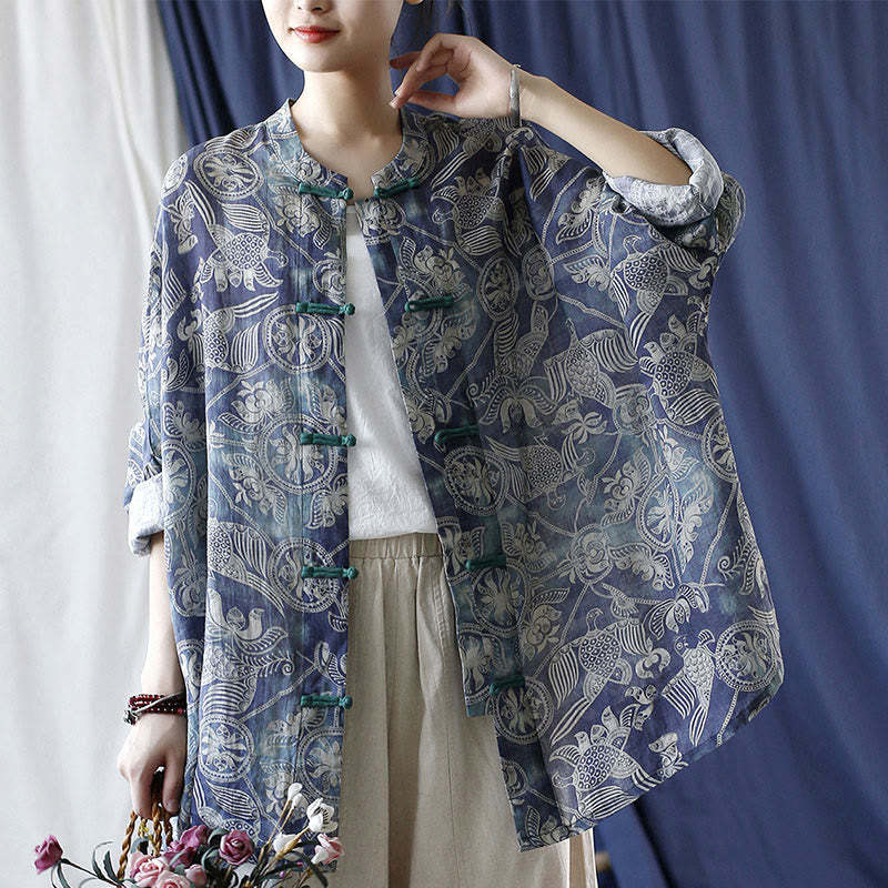 Birds Flowers Geometry Frog-Button Long Sleeve Ramie Linen Jacket Shirt